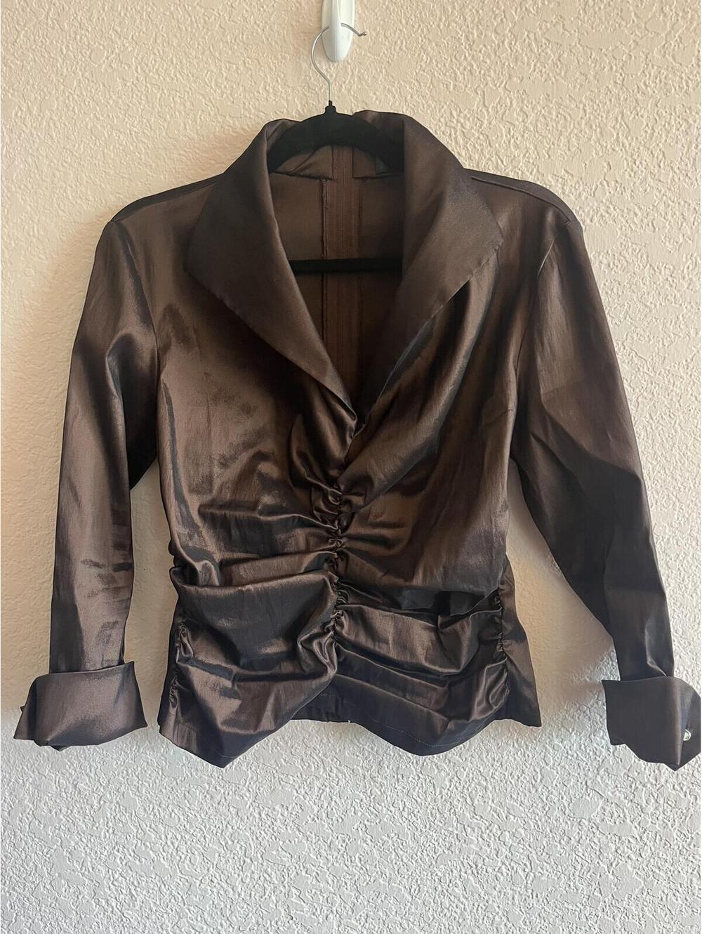 Tadashi Shoji Brown Satin Ruched Blouse Size 10 - Picture 2 of 7